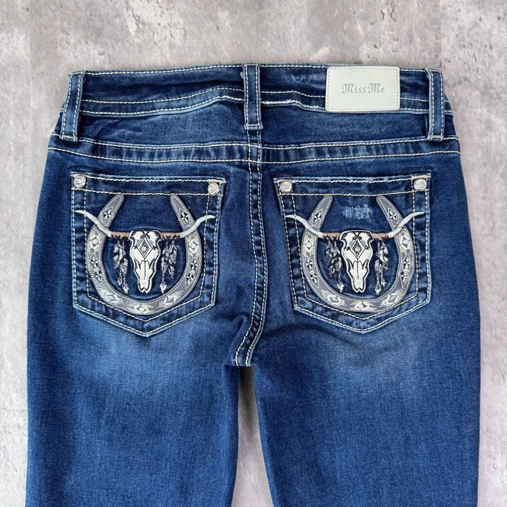 Miss Me Low Rise Chloe Boot Jeans Women's 26 Blue Denim Distressed Longhorn